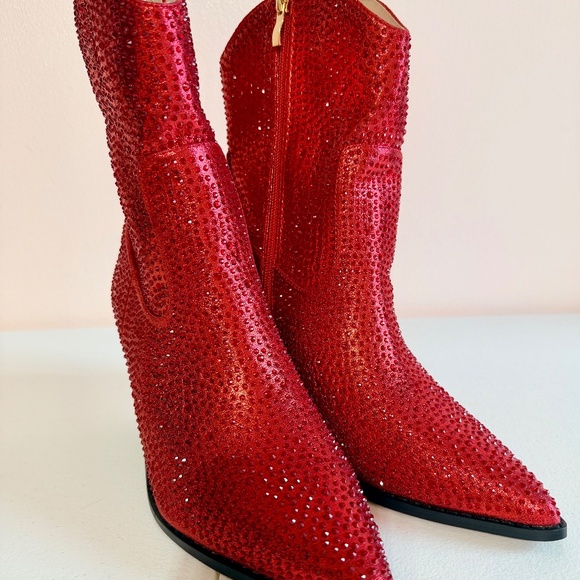 * Berness Sexy Red Rhinestones 3" Block Heel Cowboy Boots - Picture 6 of 10